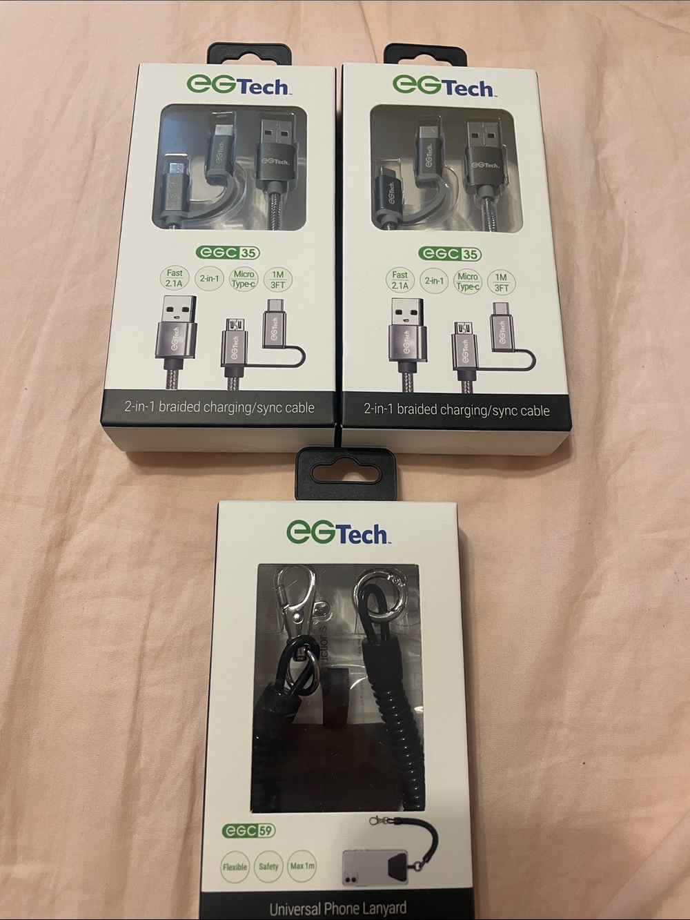 EG Tech charging cables and lanyard
